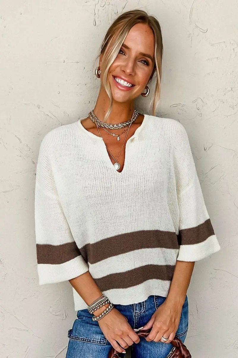 Brown Striped Accent Notched V Neck Cropped Sweater T Shirt - Love Salve